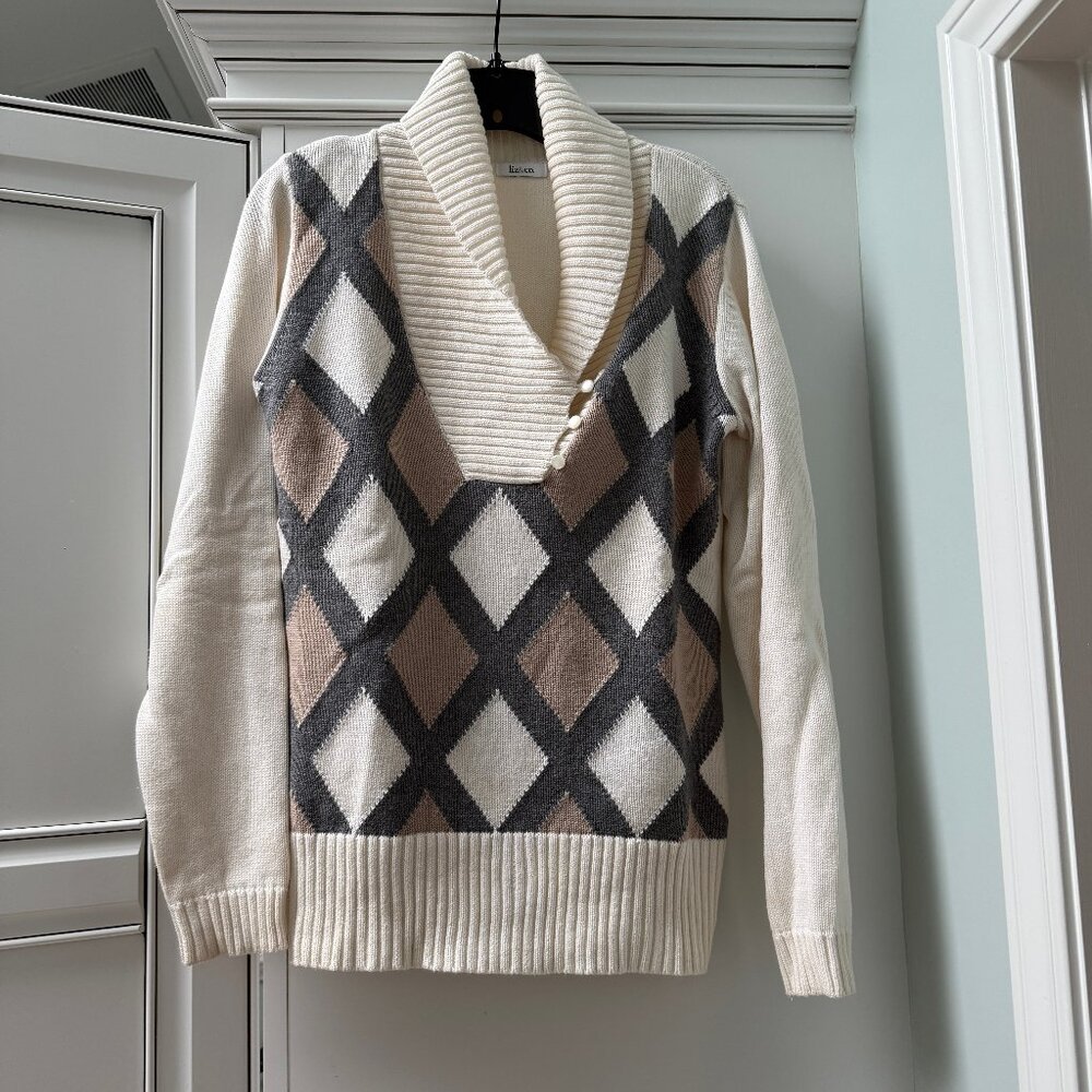 Liz & Co 100% Cotton Shawl Collar Argyle Knit Sweater, Size M, Cream/Ivory